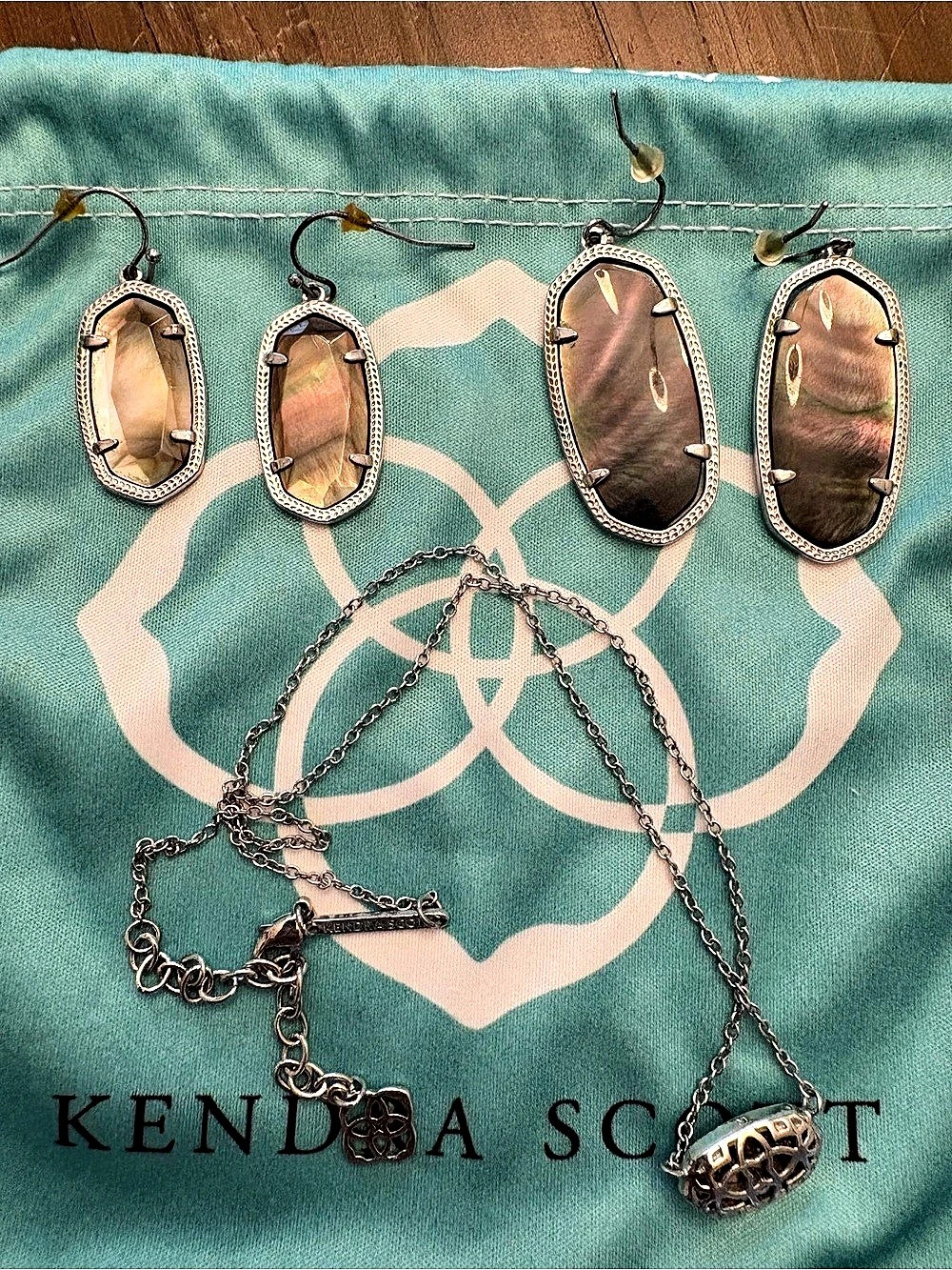 Kendra Scott Silver Gray Cats Eye Set Elisa Necklace Elle & Lee Earrings Rare